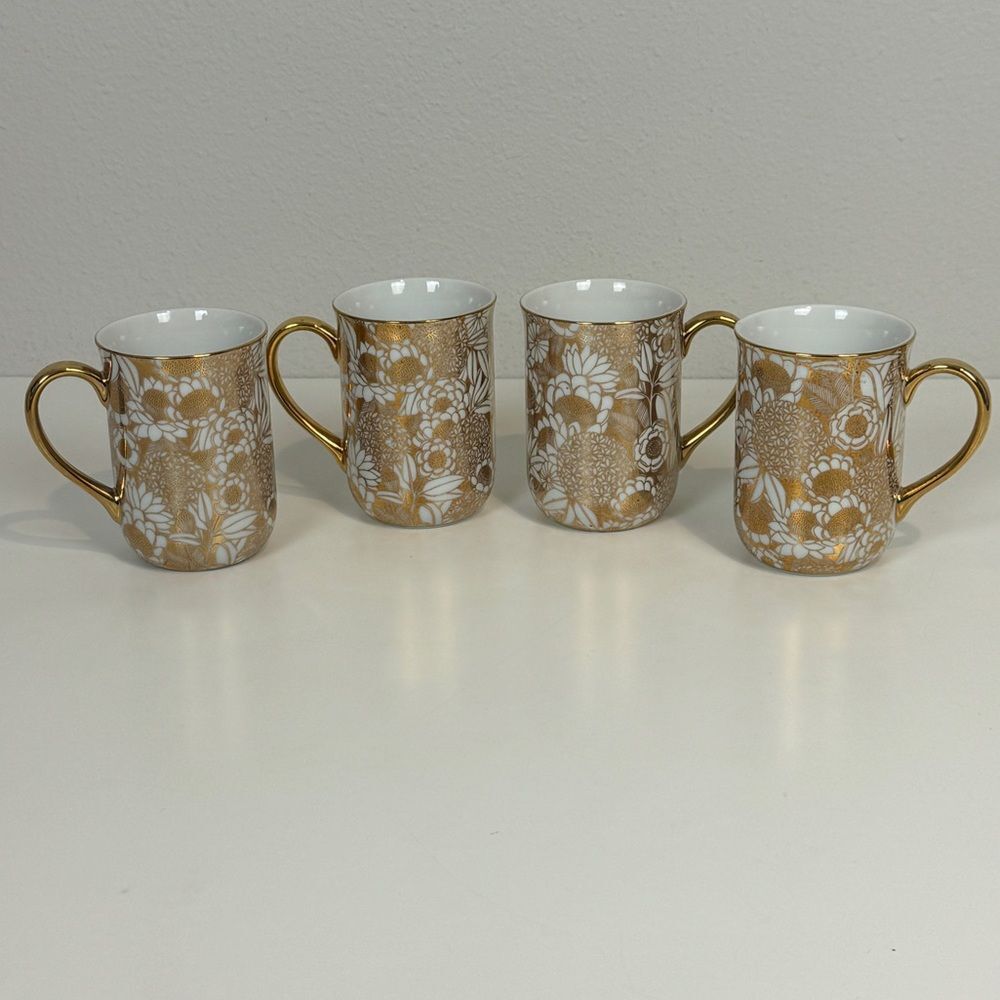 4 Ross-Simons Gold Floral Porcelain China Coffee Mugs Set